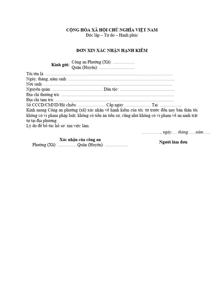Don xin xac nhan hanh kiem pdf