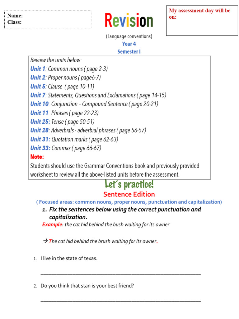 Year 4 Grammar Revision Guide | PDF | Sentence (Linguistics) | Phrase