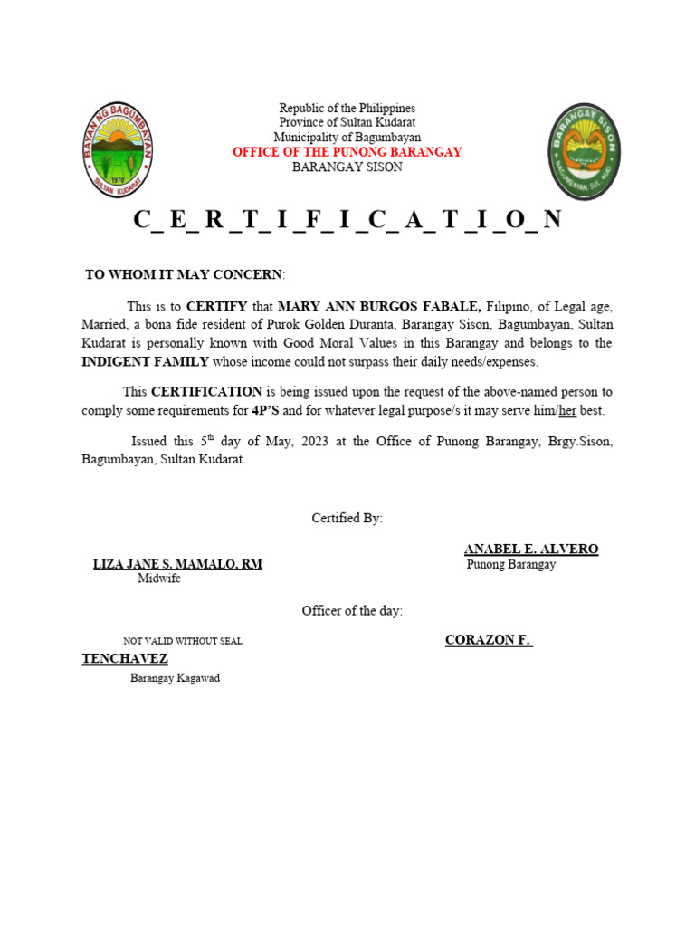 Certification of Indigency for Mary Ann Fabale | PDF