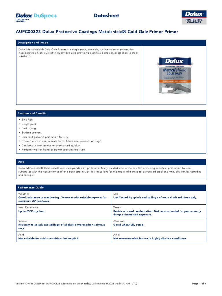 Dulux Protective Coatings Metalshield Cold Galv Primer Primer | PDF ...