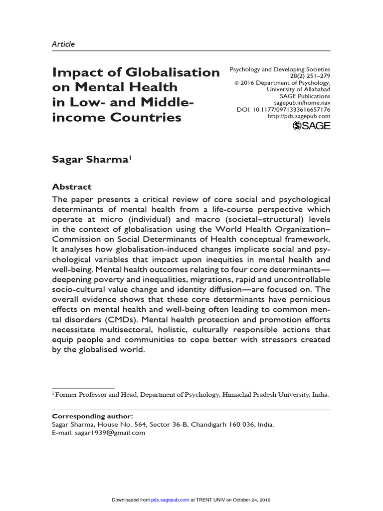 Sharma - 2016 - Impact of Globalisation On Mental Health | PDF | Mental ...