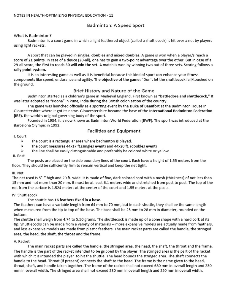 Badminton Notes With History Of The Game Pdf