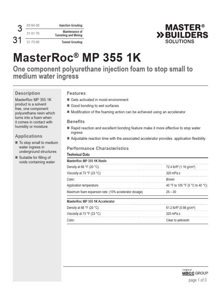 Masterroc MP 355 1k Tds | PDF | Water | Polyurethane