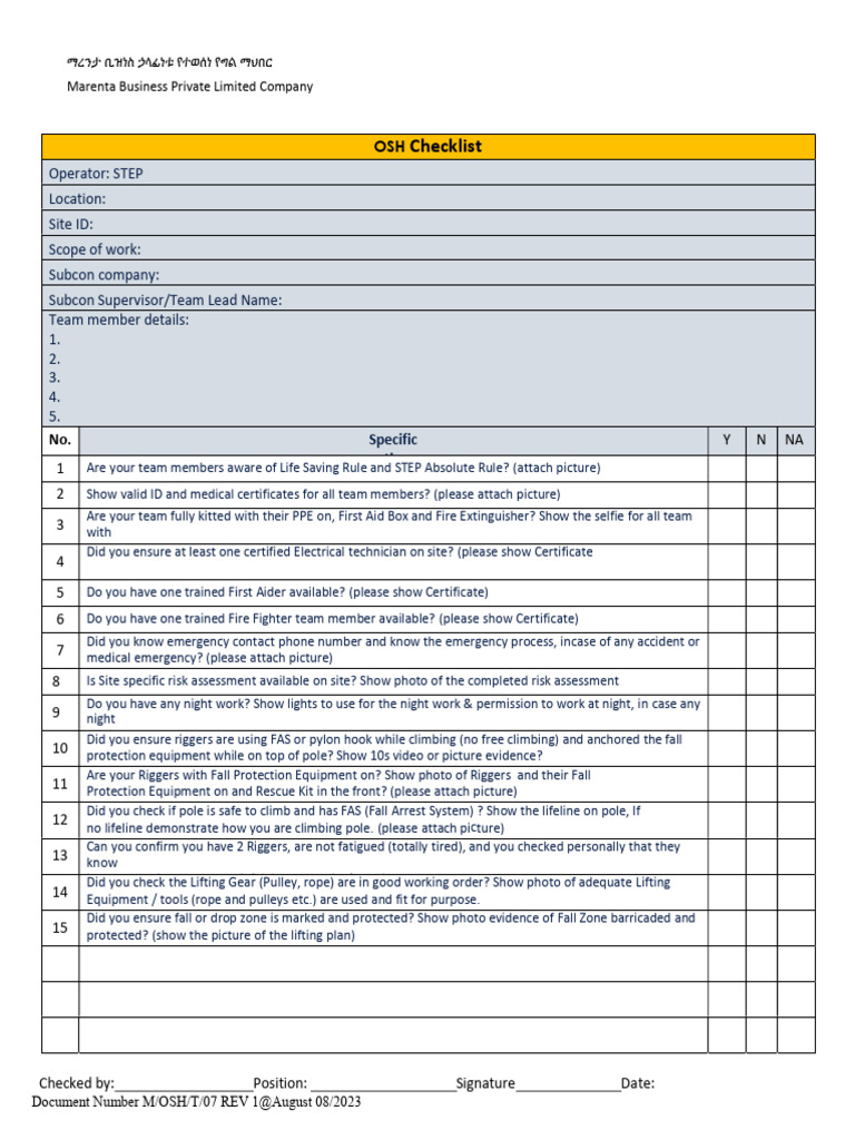 OSH Checklist for Marenta Business | PDF | First Aid | Occupational ...
