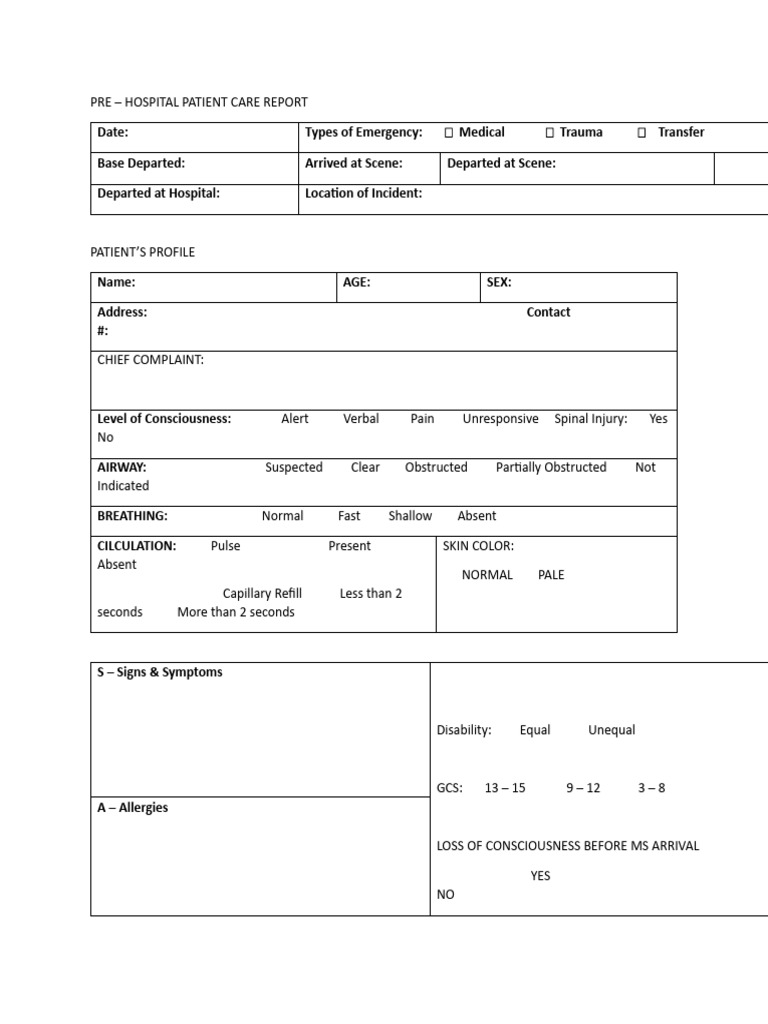 Pre-Hospital Patient Care Report Form | PDF | Emergency Medical ...