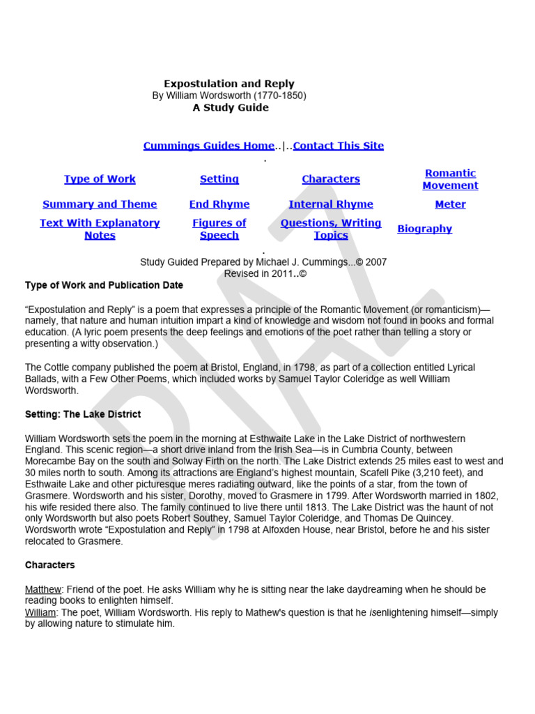 Wordsworth's Expostulation and Reply Analysis | PDF | Metre (Poetry ...