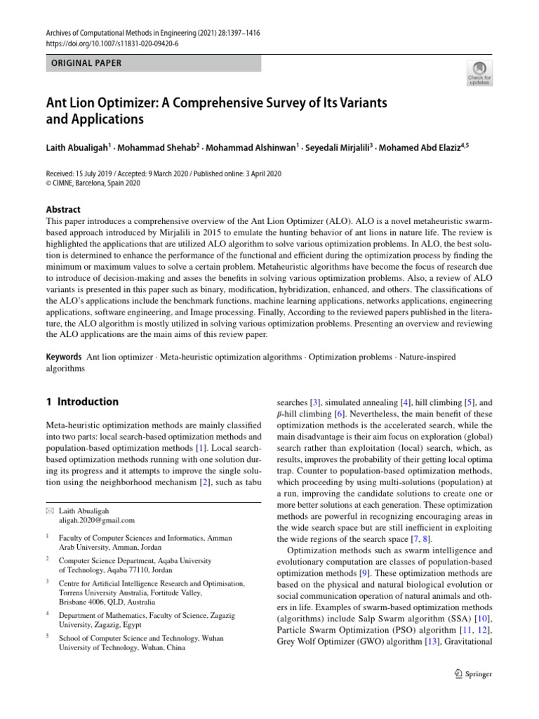 Ant Lion Optimizer: Overview and Applications | PDF | Metaheuristic ...