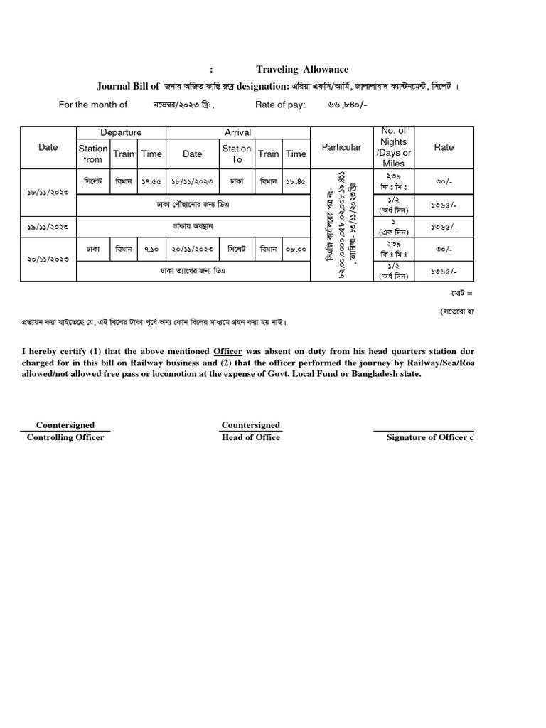Travel Allowance Journal Bill Details | PDF