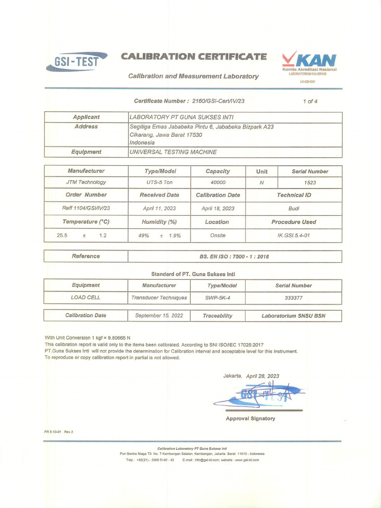 Scan Sertifikat Kalibrasi Mesin Utm 5 T | PDF