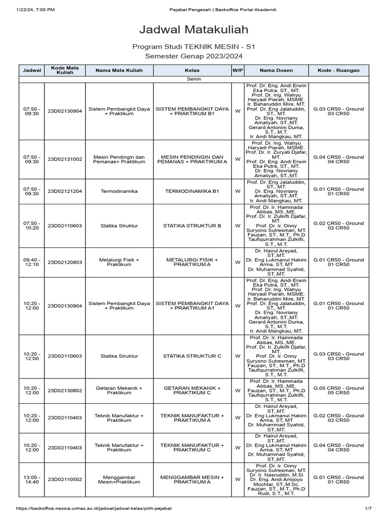 Jadwal Kuliah S1 Teknik Mesin 2023/2024 | PDF