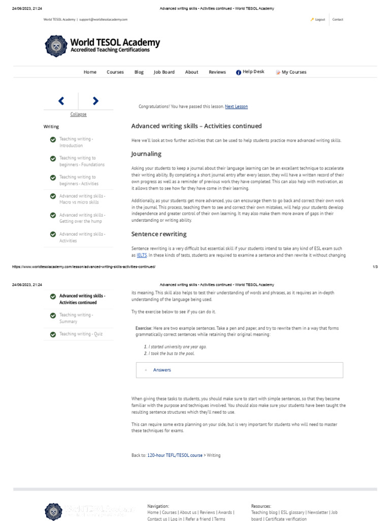 Advanced Writing Skills - Activities Continued - World TESOL Academy ...
