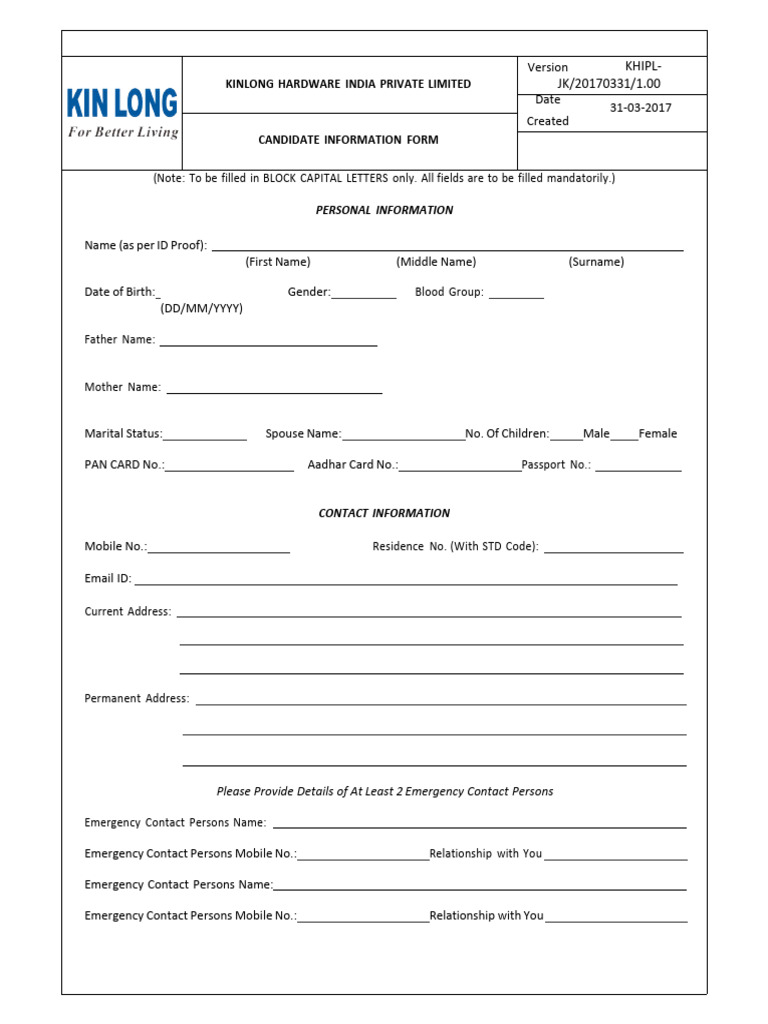 Candidate Information Form Template | PDF