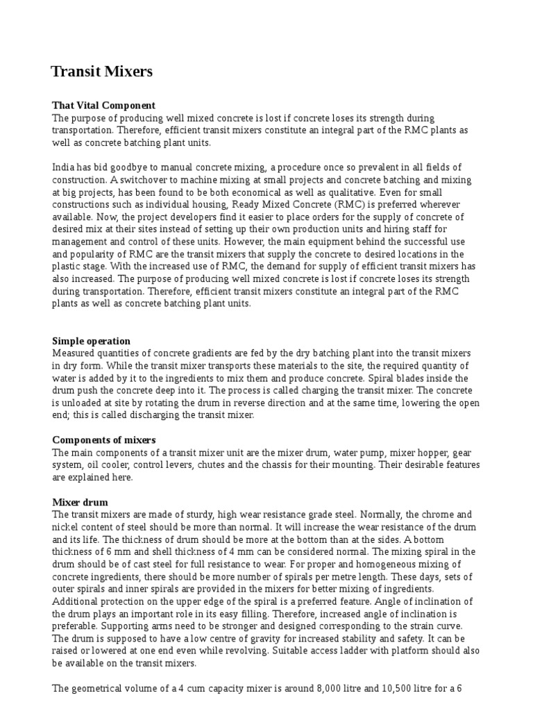 Overview of Transit Mixers in India | PDF | Truck | Concrete