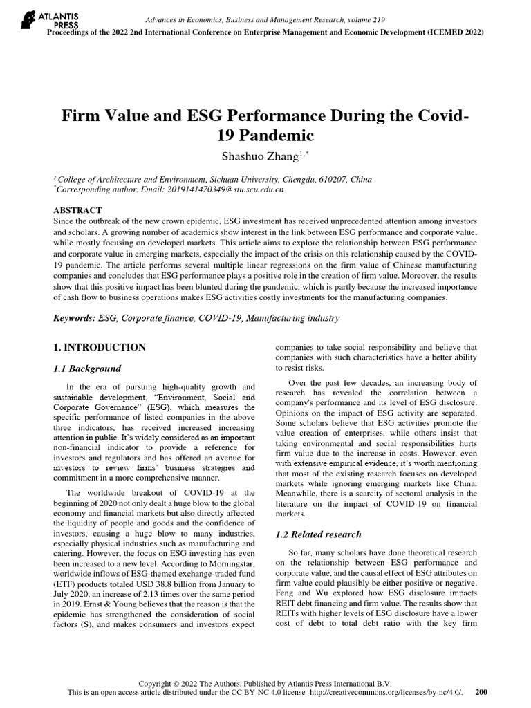 Firm value and esg performance during the covid 19 pandemic pdf