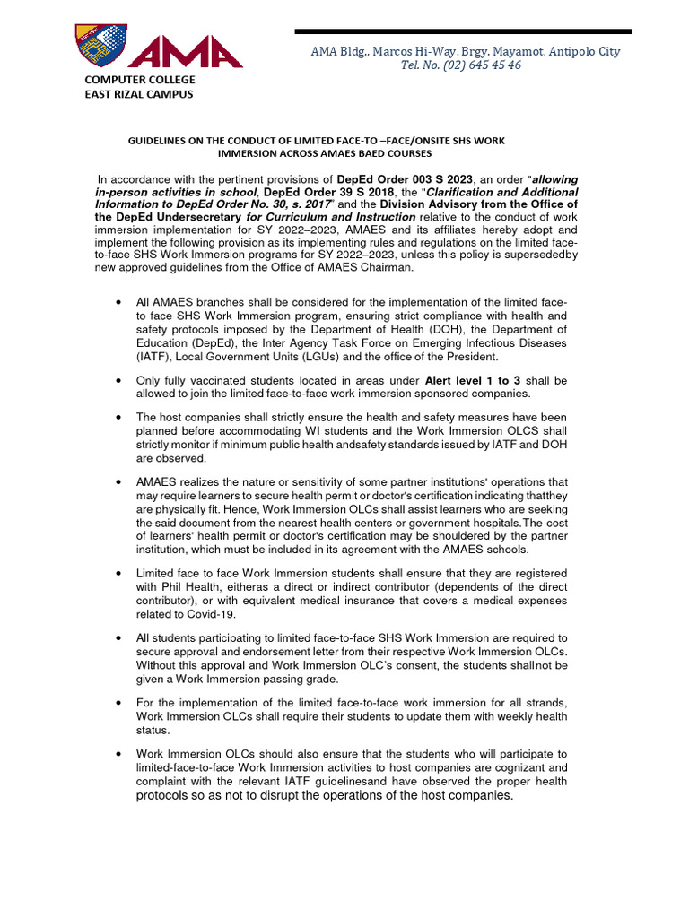 Guidelines On The Conduct of F2F Onsite SHS Work Immersion | PDF