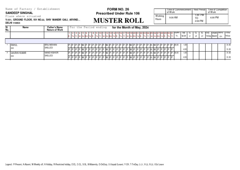 Factory Muster Roll for May 2024 | PDF