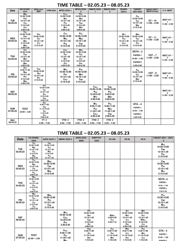 Weekly Timetable: May 2-8, 2023 | PDF