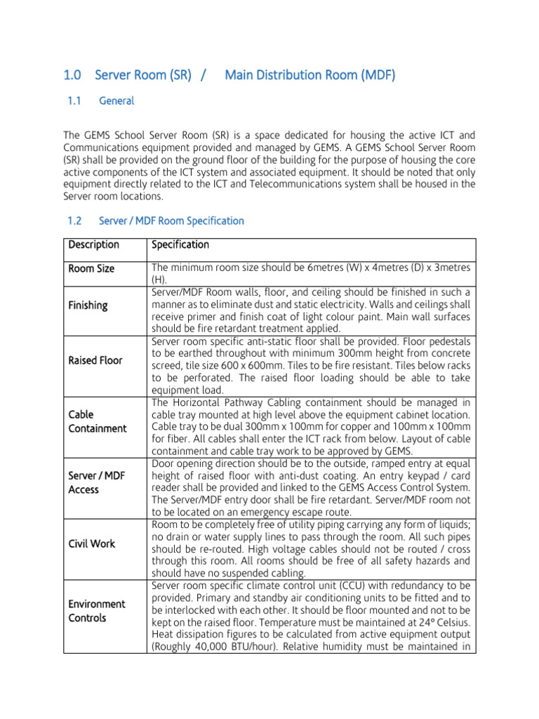 1.0 Server Room Specification 2016 Version 1.0 PDF Electrical