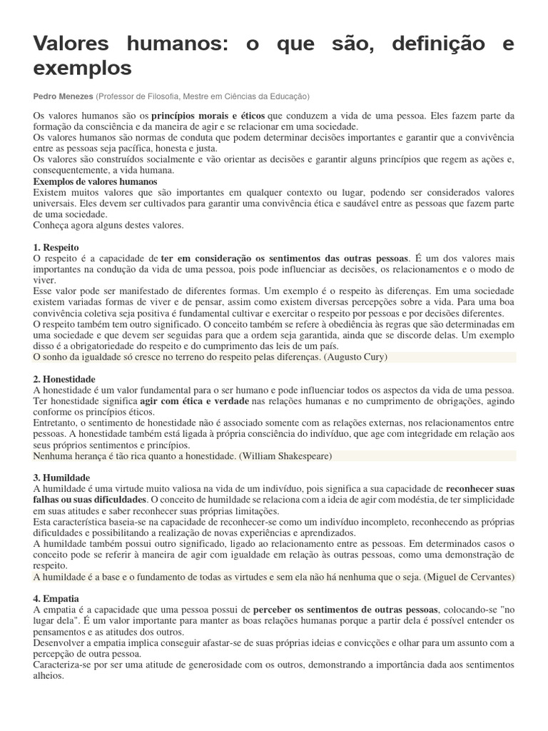 Valores Humanos: Definição e Exemplos | PDF | Moralidade | Justiça
