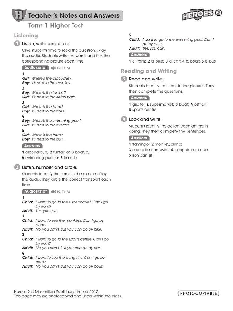 Term 1 Listening & Writing Test Answers | PDF