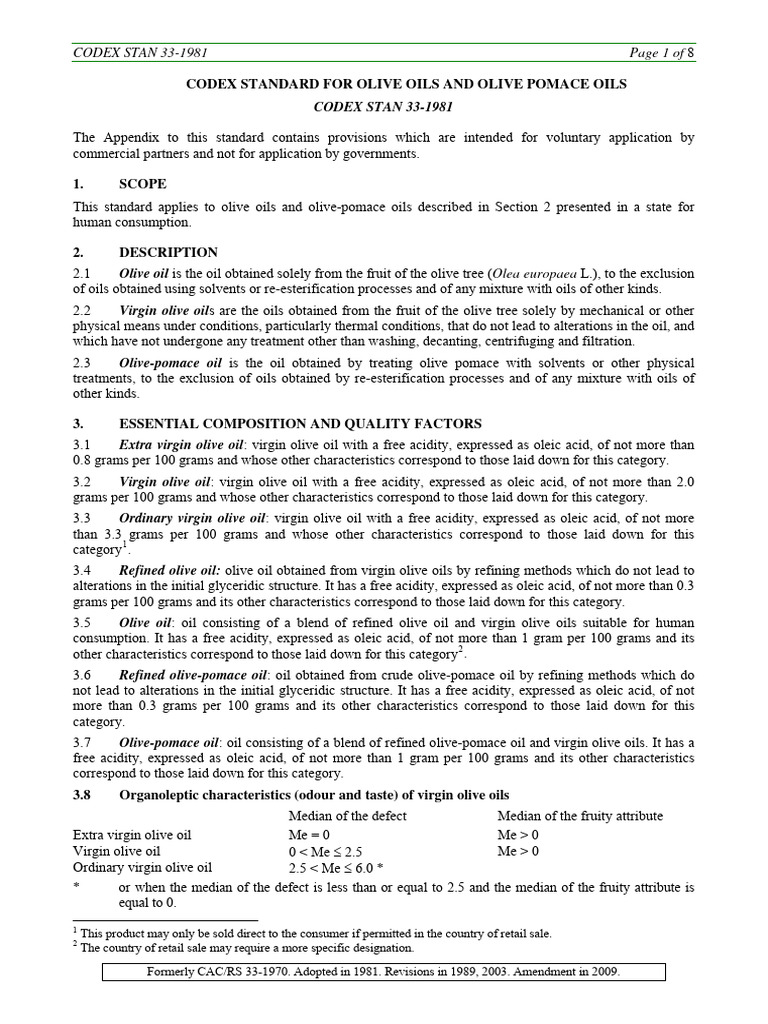 Codex Standard for Olive Oils 1981 | PDF | Olive Oil | Olive