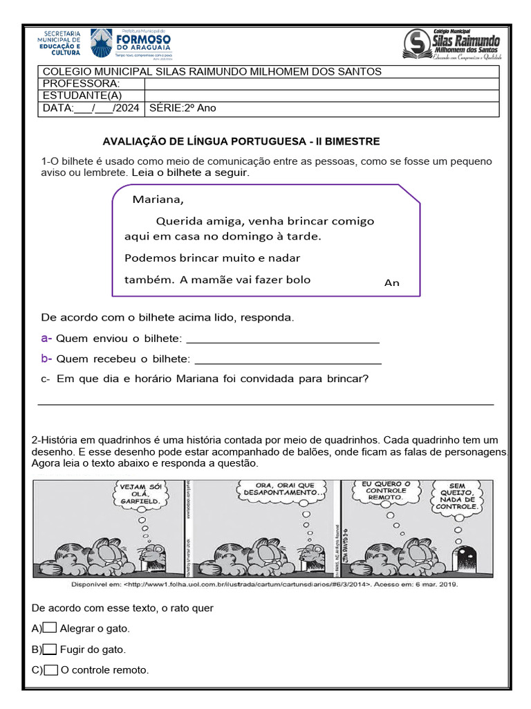 Avaliação de Português - 2º Bimestre | PDF | Cães | Linguística