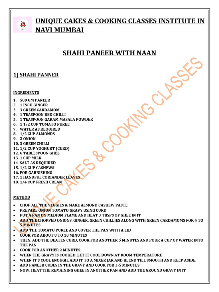PDF of Shahi Paneer With Butter Naan by Unique Cake’s & Cooking Classes