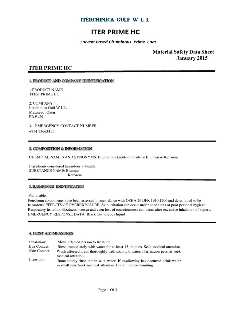 ITER PRIME HC Material Safety Data Sheet | PDF | Water | Personal ...