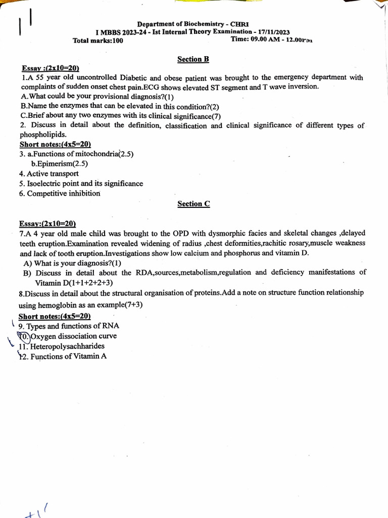Biochemistry Ia Questions Paper | PDF | Biochemistry | Chemistry