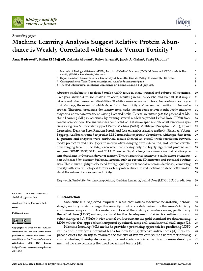 Machine Learning and Snake Venom Toxicity | PDF