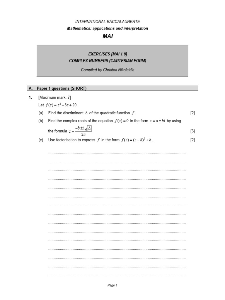 Complex Numbers in Cartesian Form Exercises | PDF | Complex Number ...
