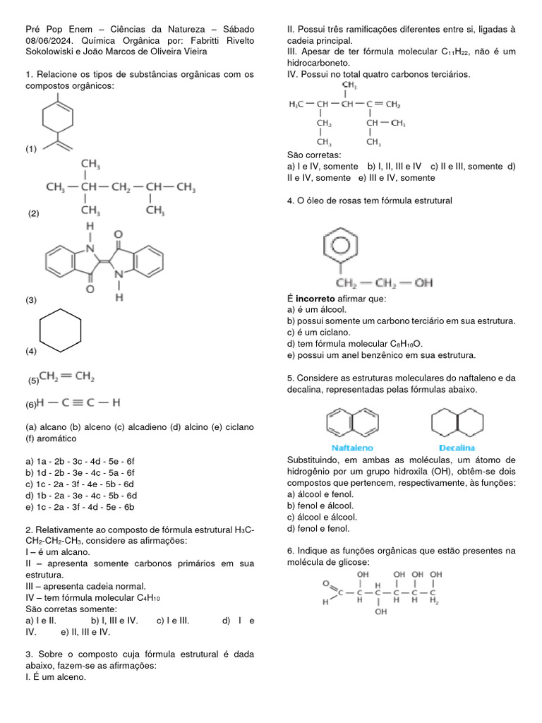 Questões de Química Orgânica para ENEM 2024 | PDF | Aldeído | Aromaticidade