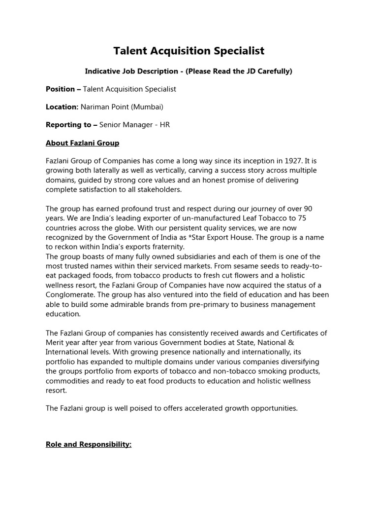 Talent Acquisition Specialist JD | PDF | Recruitment | Business