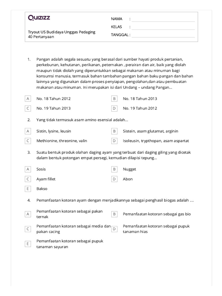 Tryout Budidaya Unggas Pedaging | PDF
