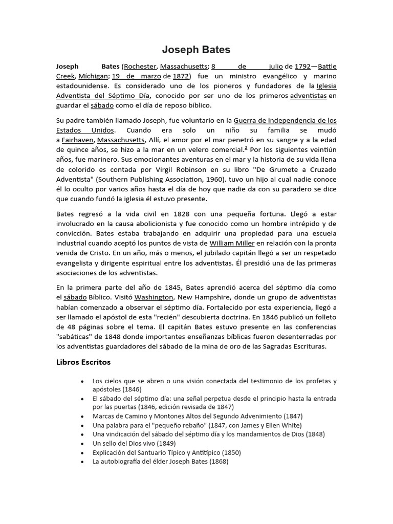 Biografía de Joseph Bates, pionero adventista | PDF | Creencia y ...