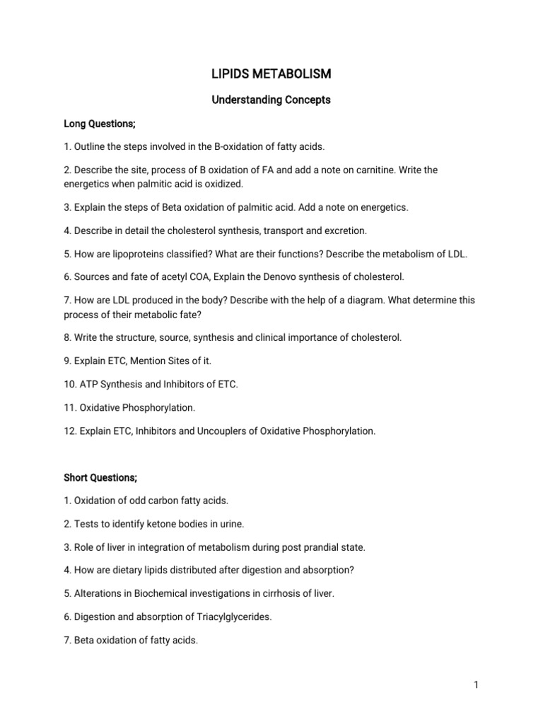 Lipid Metabolism: Key Concepts & Questions | PDF | Cholesterol | Metabolism