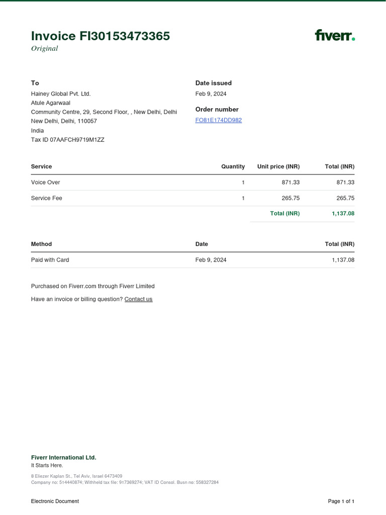 Invoice for Voice Over Service - FI30153473365 | PDF