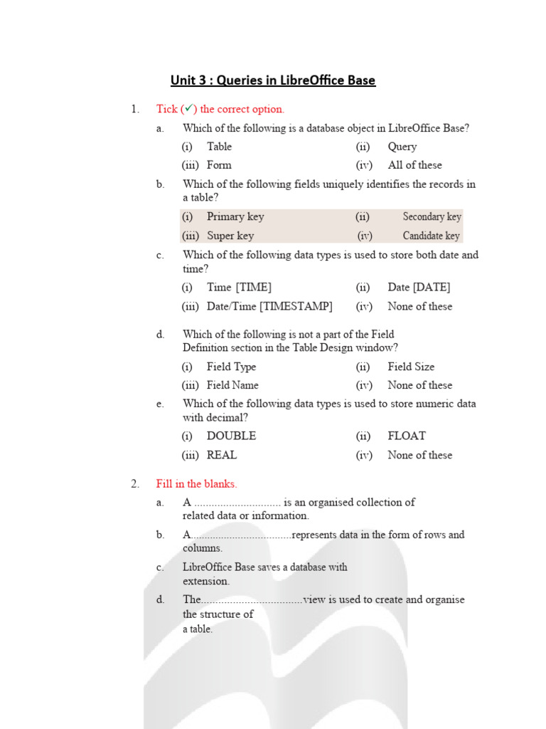 Unit 3: Queries in Libreoffice Base: Tick The Correct Option | PDF