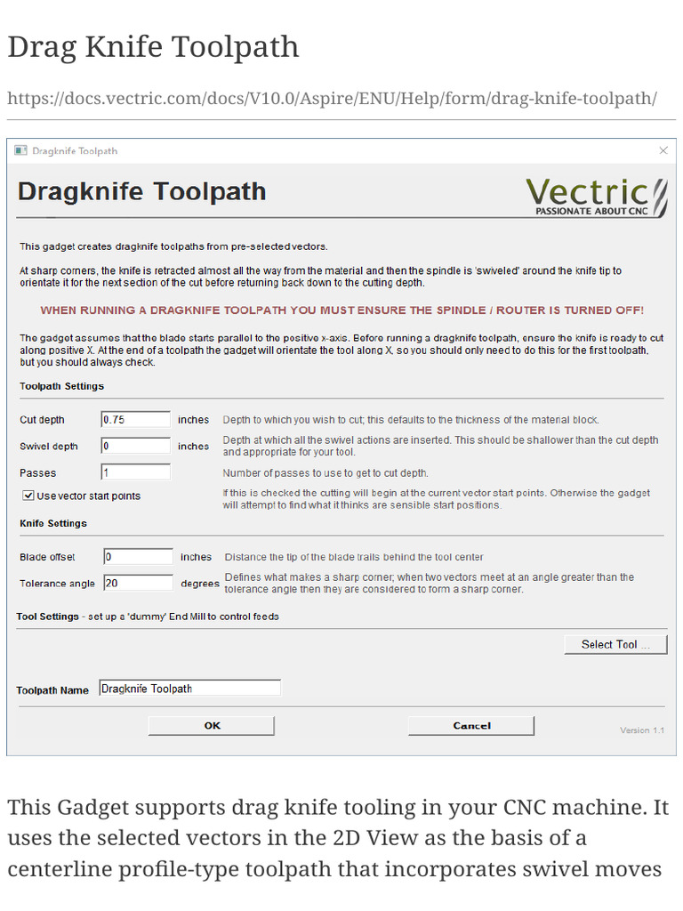 Drag Knife Toolpath Vectric Documentation+ | PDF