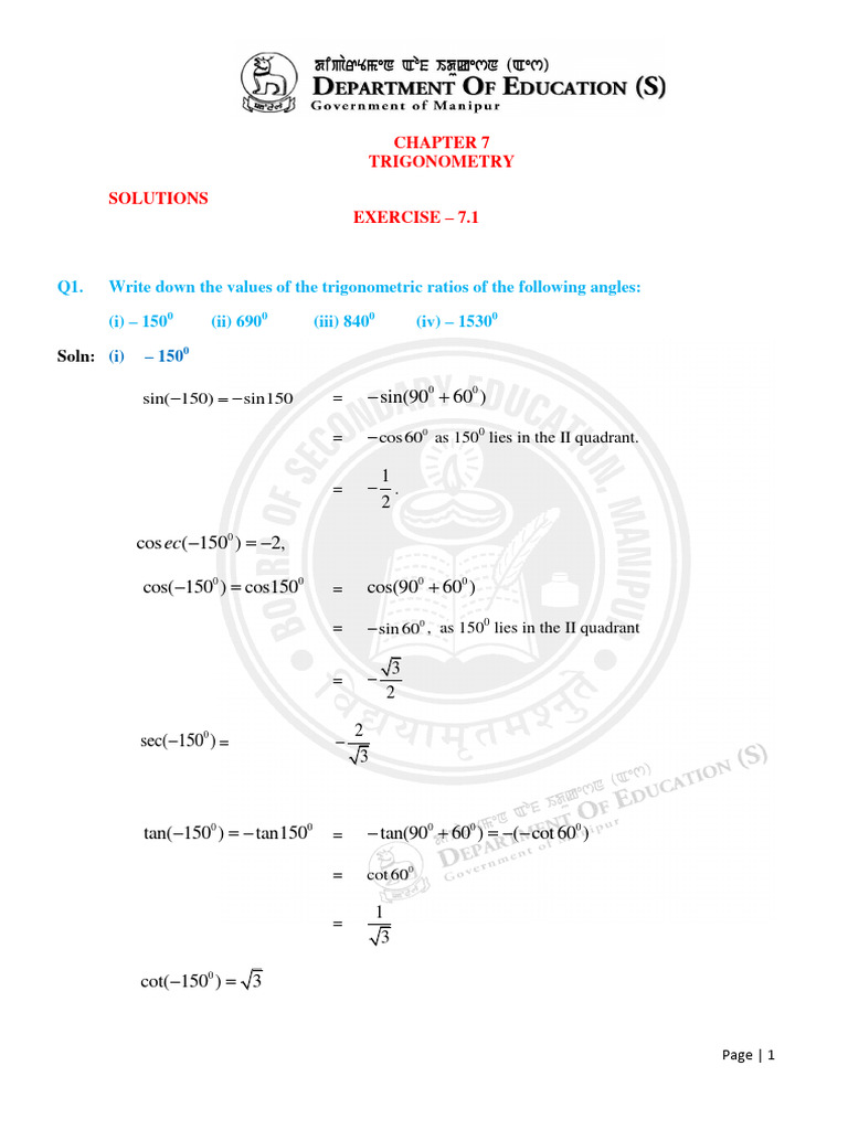 Cosec 150 Trigonometry Solutions | PDF | Trigonometry | Angle