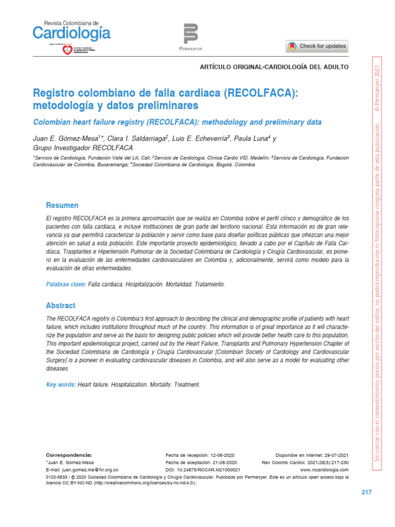 Registro Colombiano de Falla Cardiaca RECOLFACA Me | PDF | Medicina ...