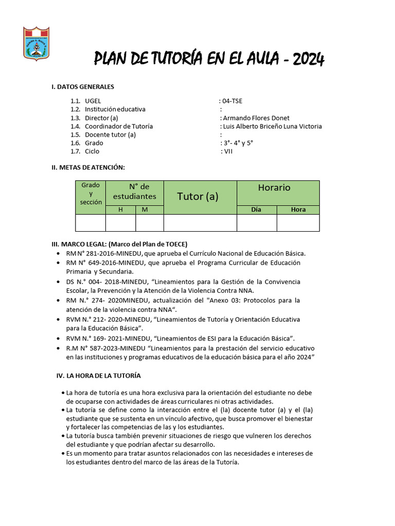 PLAN DE TUTORIA DE AULA-VII CICLO-2024 | PDF | Las emociones | Aprendizaje