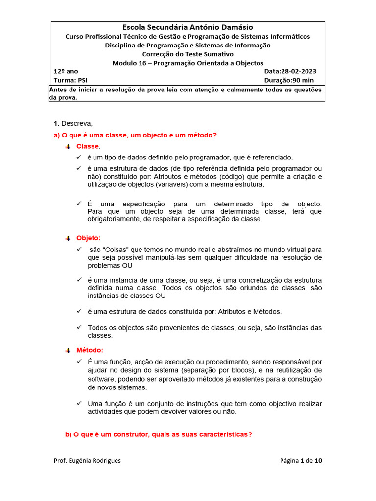 Correção de Teste: Programação Orientada a Objetos | PDF | Classe ...