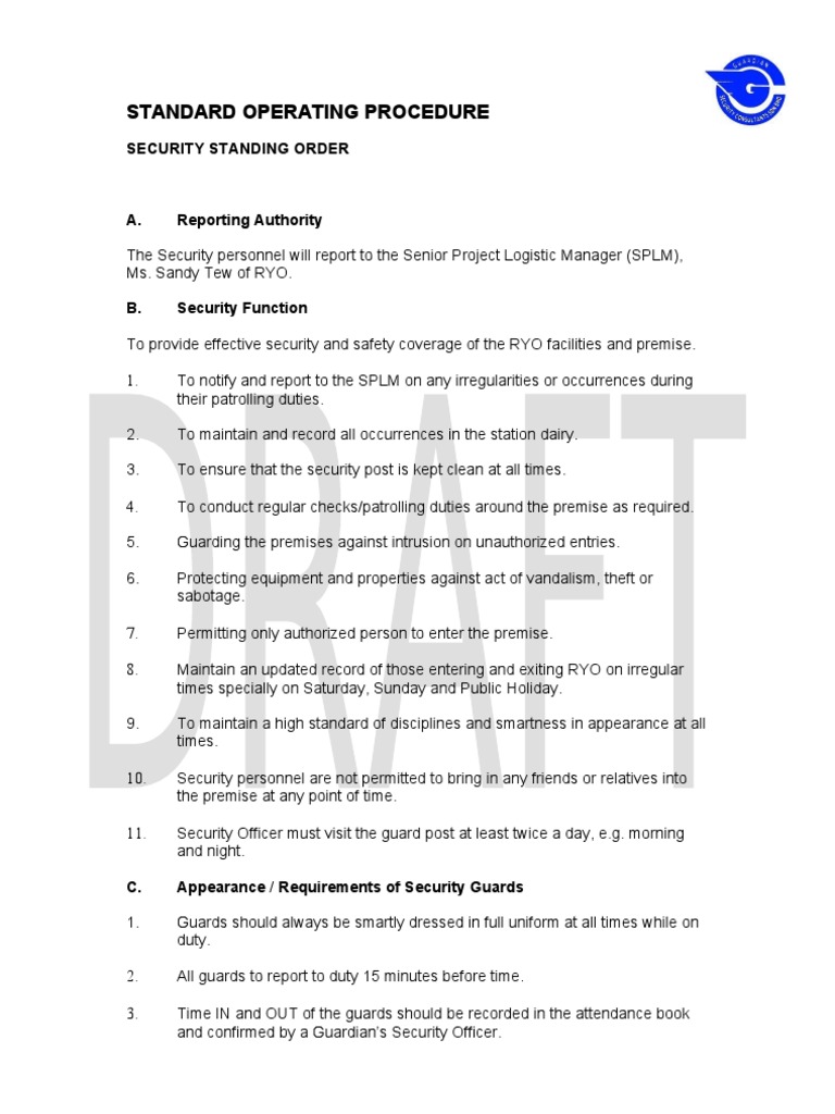 Standard Operating Procedure - Ryo | PDF | Security Guard | National ...