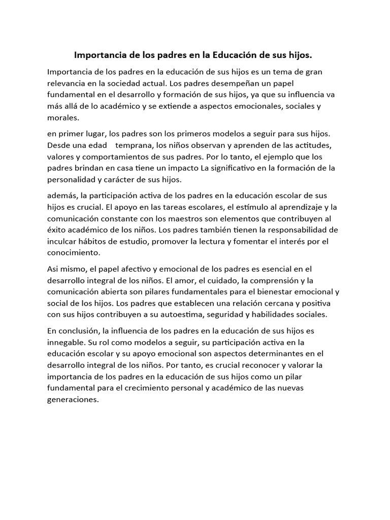 Importancia de Los Padres en La Educacion de Sus Hijos | PDF ...