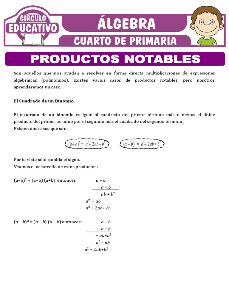 Productos Notables para Cuarto de Primaria | PDF | Multiplicación | Álgebra