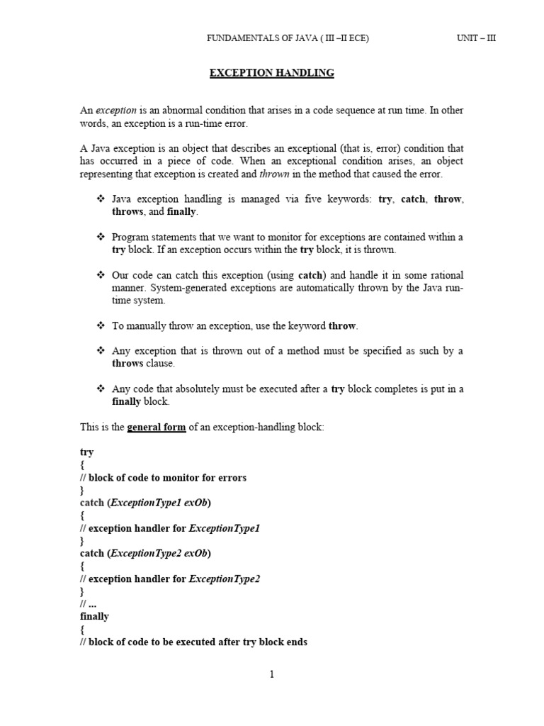 UNIT III Exception Handling | PDF | Class (Computer Programming ...