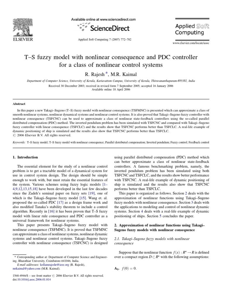 Nonlinear T-S Fuzzy Model and Control | PDF | Nonlinear System ...