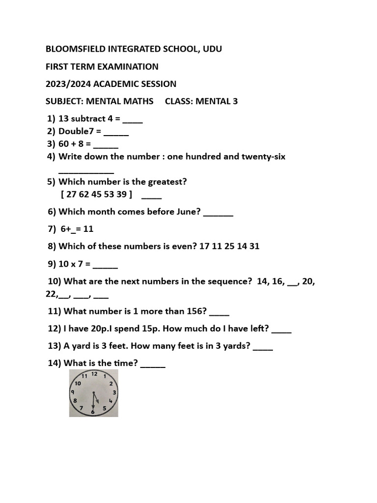 Year 3 Mental Maths Exam Paper | PDF | Teaching Methods & Materials
