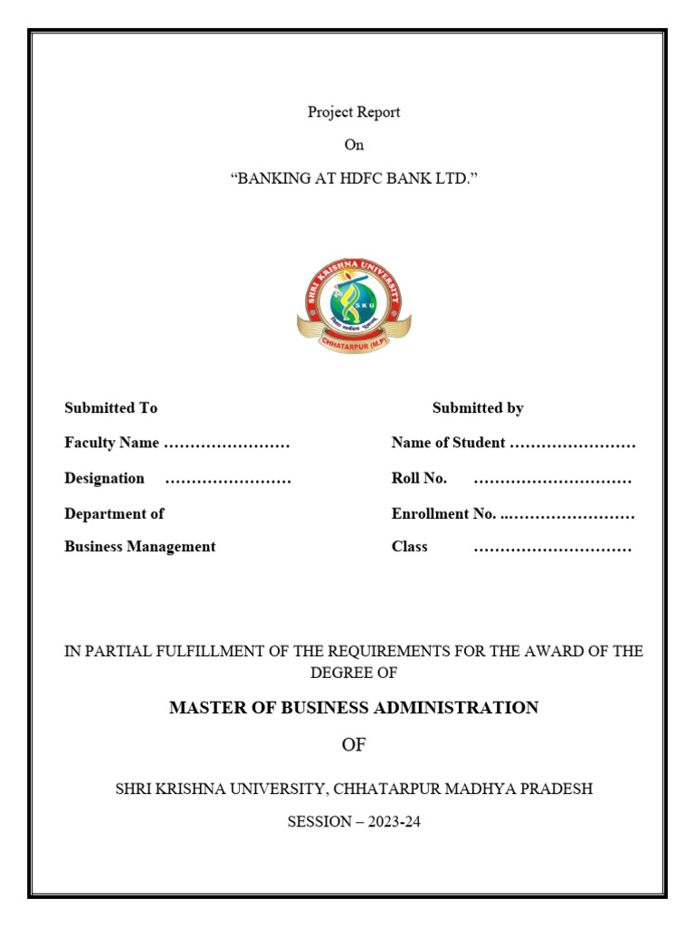 Project Report Front Page For MBA IV Sem. | PDF | Vocational Education ...